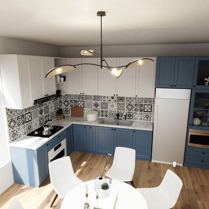 Sospensione Nordica 4 Luci Ares In Acciaio E Rattan Con Bracci Regolabili