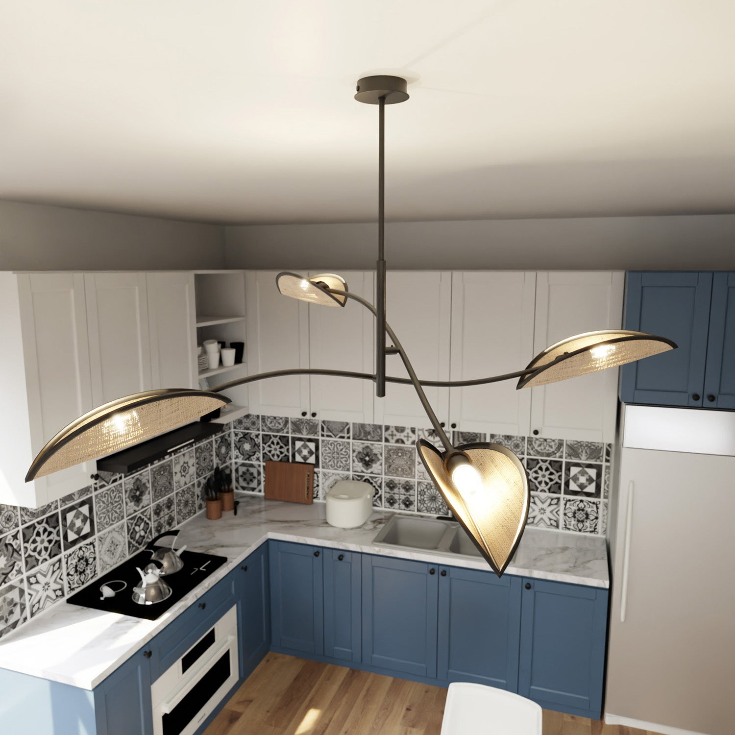 Sospensione Nordica 4 Luci Ares In Acciaio E Rattan Con Bracci Regolabili