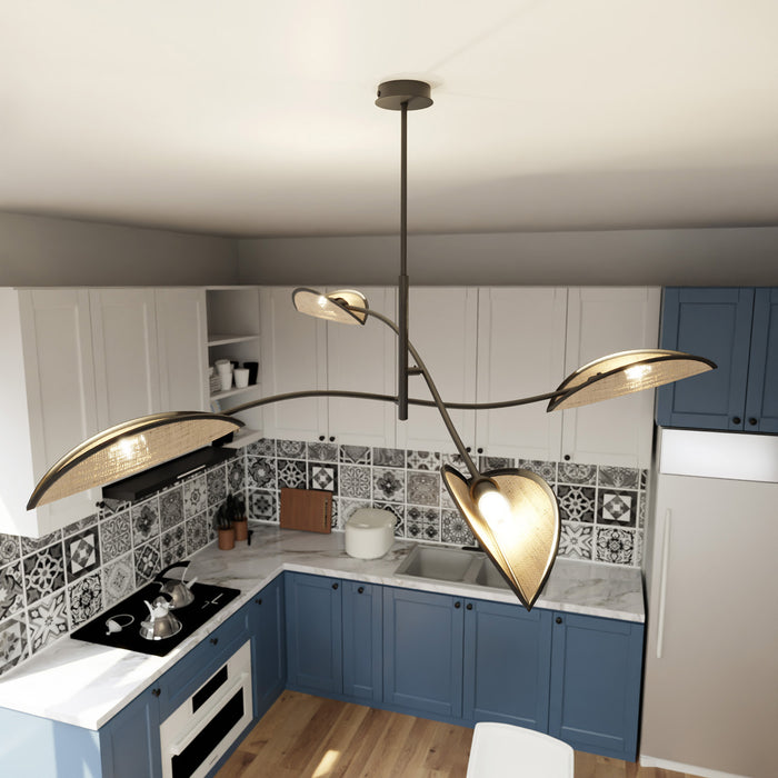 Sospensione Nordica 4 Luci Ares In Acciaio E Rattan Con Bracci Regolabili