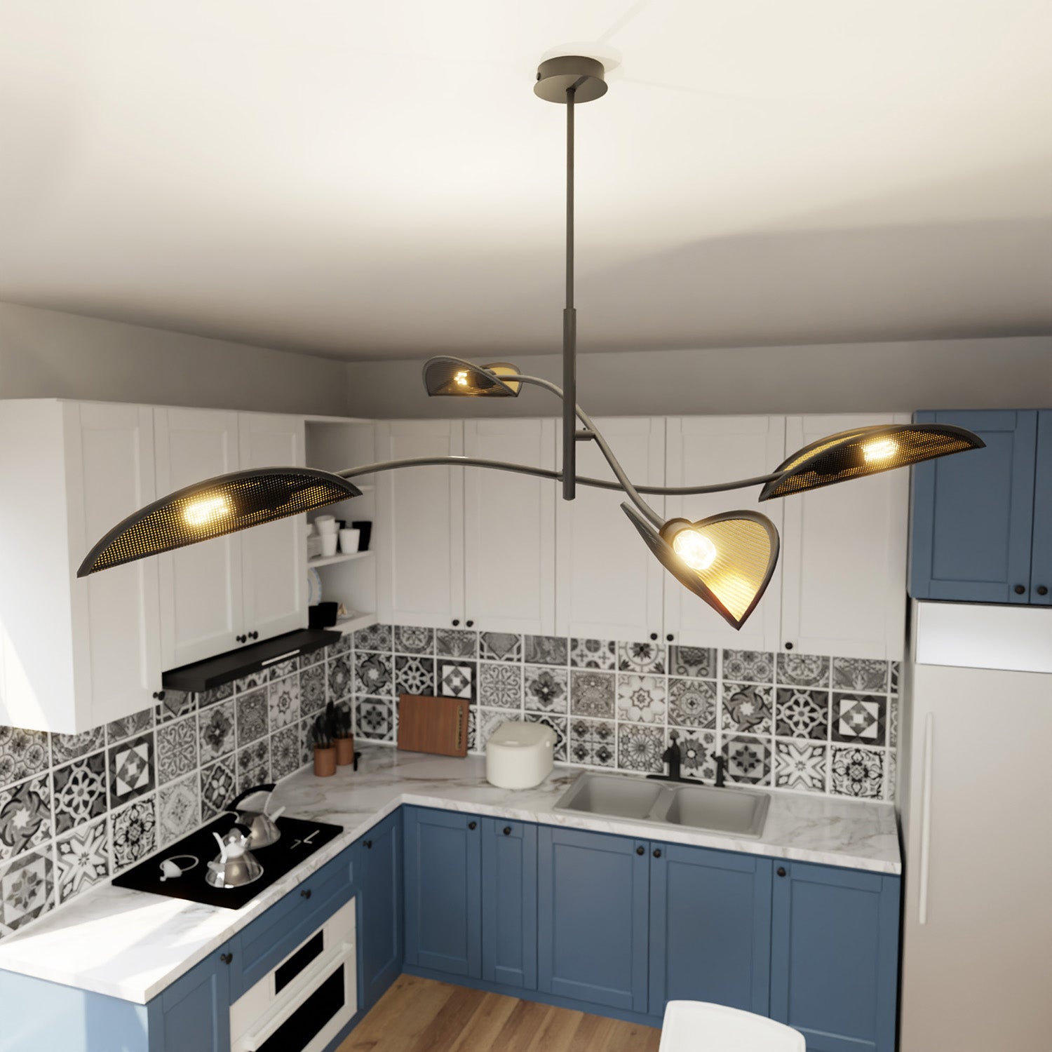 Sospensione Nordica 4 Luci Ares In Acciaio Nero Oro Bracci Regolabili