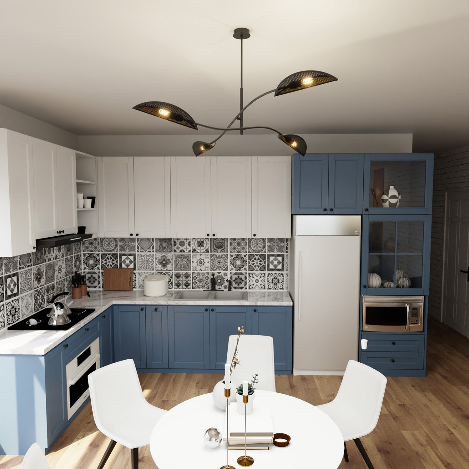 Sospensione Nordica 4 Luci Ares In Acciaio Nero Oro Bracci Regolabili