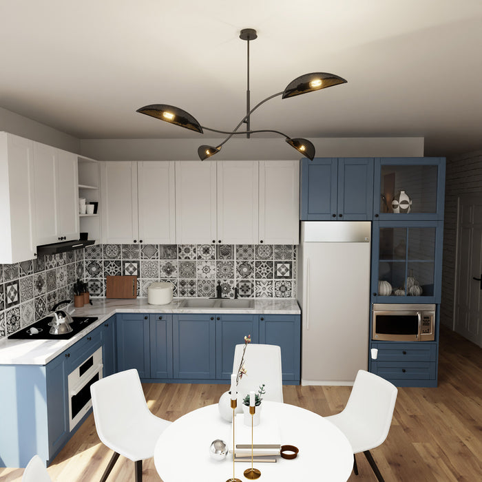 Sospensione Nordica 4 Luci Ares In Acciaio Nero Oro Bracci Regolabili