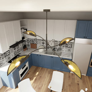 Sospensione Nordica 4 Luci Ares In Acciaio Nero Oro Bracci Regolabili