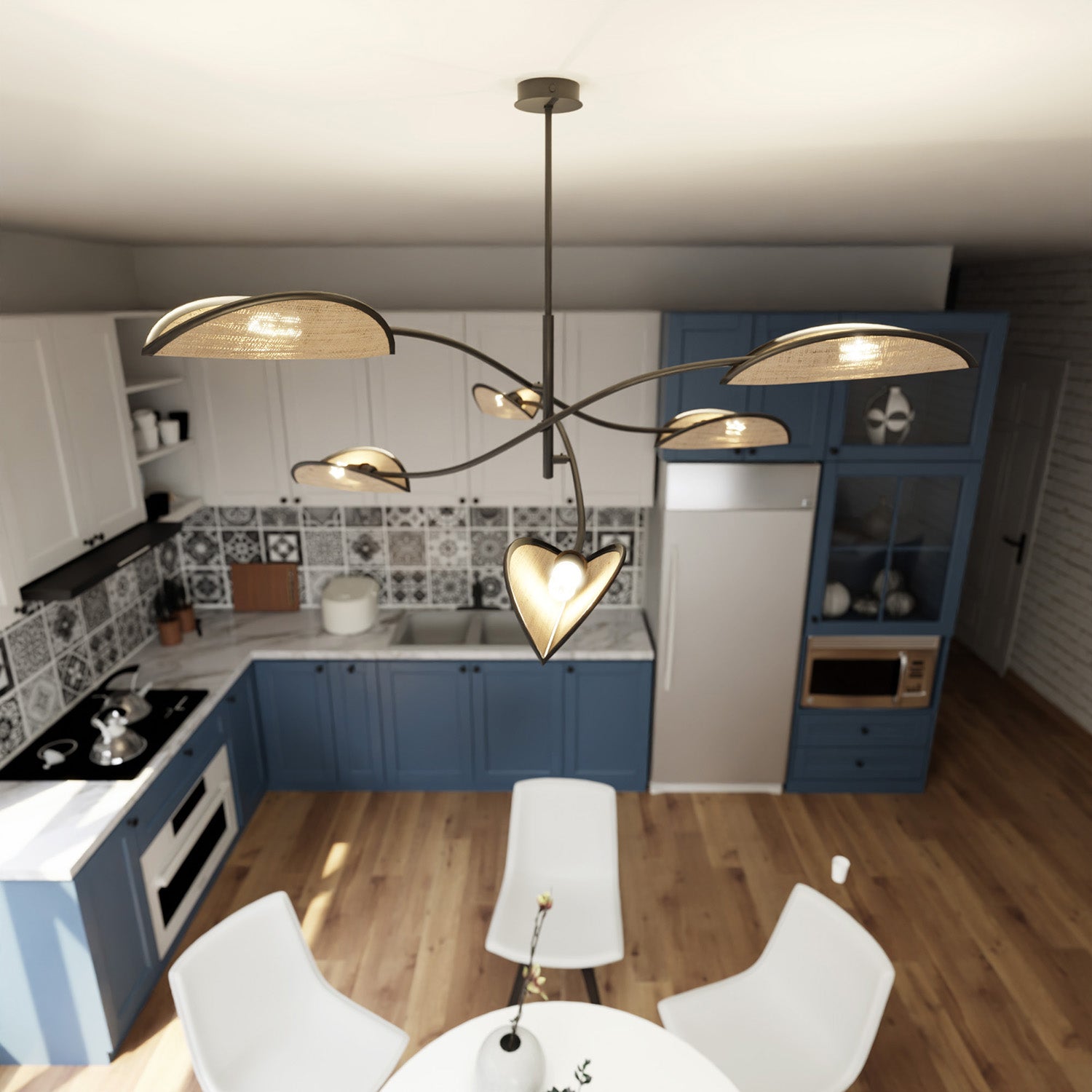 Sospensione Nordica 6 Luci Ares In Acciaio E Rattan Con Bracci Regolabili