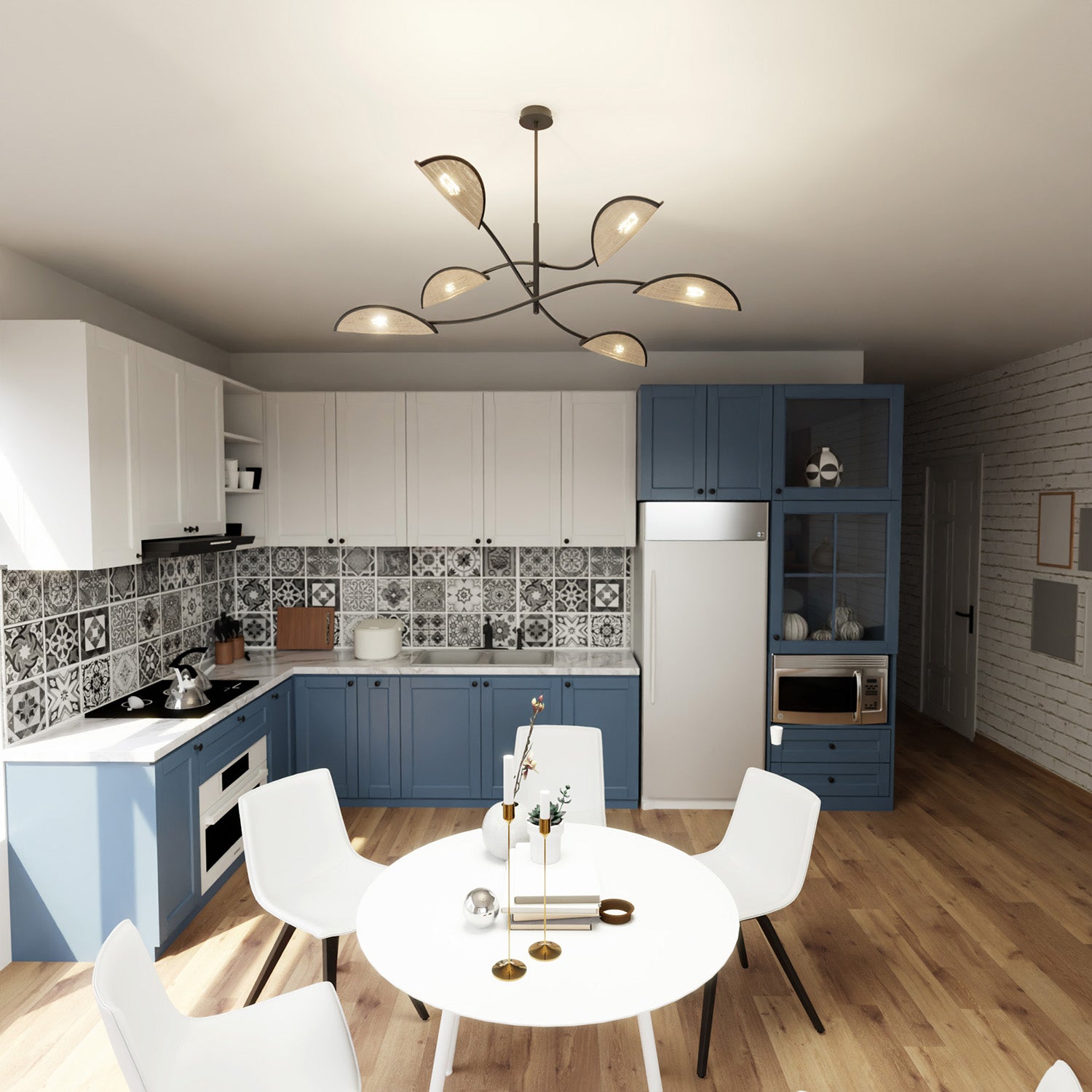 Sospensione Nordica 6 Luci Ares In Acciaio E Rattan Con Bracci Regolabili