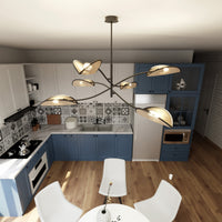 Sospensione Nordica 6 Luci Ares In Acciaio E Rattan Con Bracci Regolabili