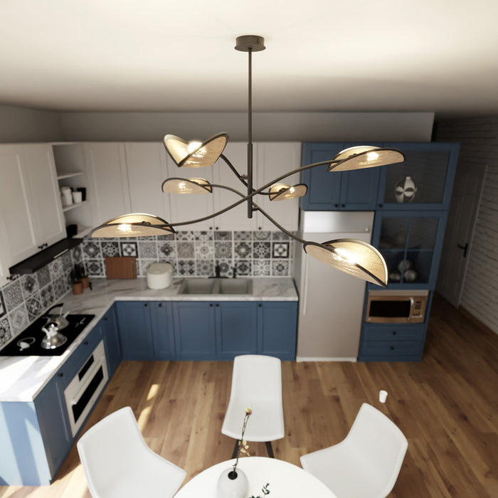 Sospensione Nordica 6 Luci Ares In Acciaio E Rattan Con Bracci Regolabili