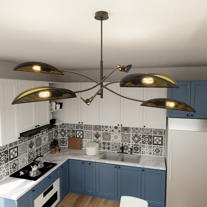 Sospensione Nordica 6 Luci Ares In Acciaio Nero Oro Bracci Regolabili