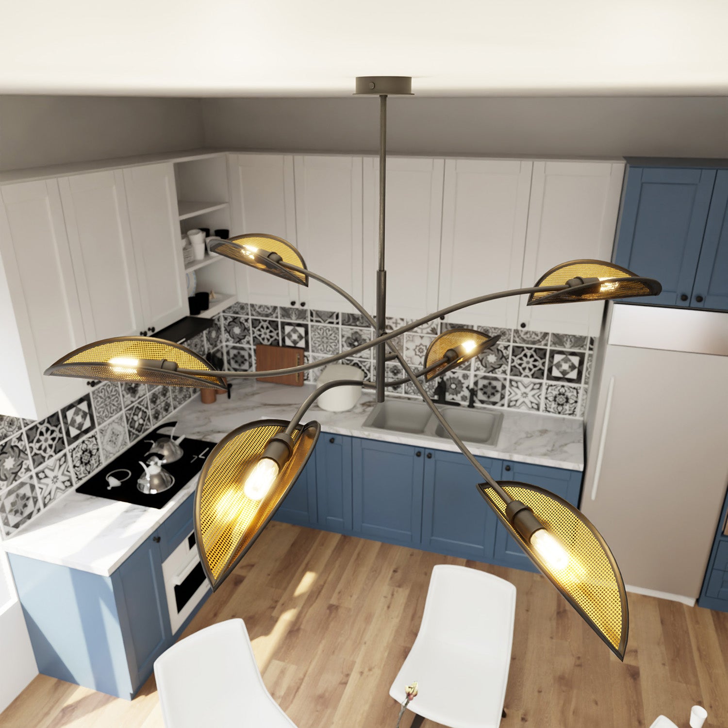 Sospensione Nordica 6 Luci Ares In Acciaio Nero Oro Bracci Regolabili