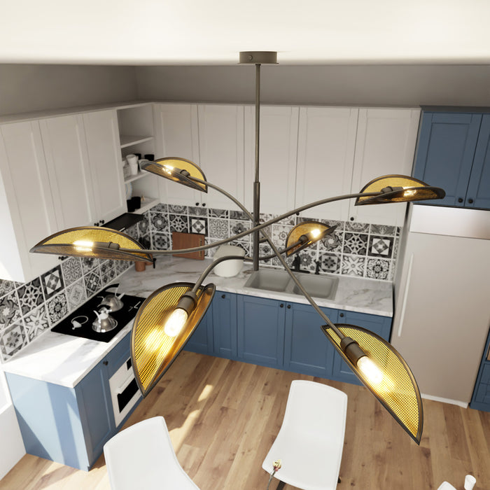 Sospensione Nordica 6 Luci Ares In Acciaio Nero Oro Bracci Regolabili