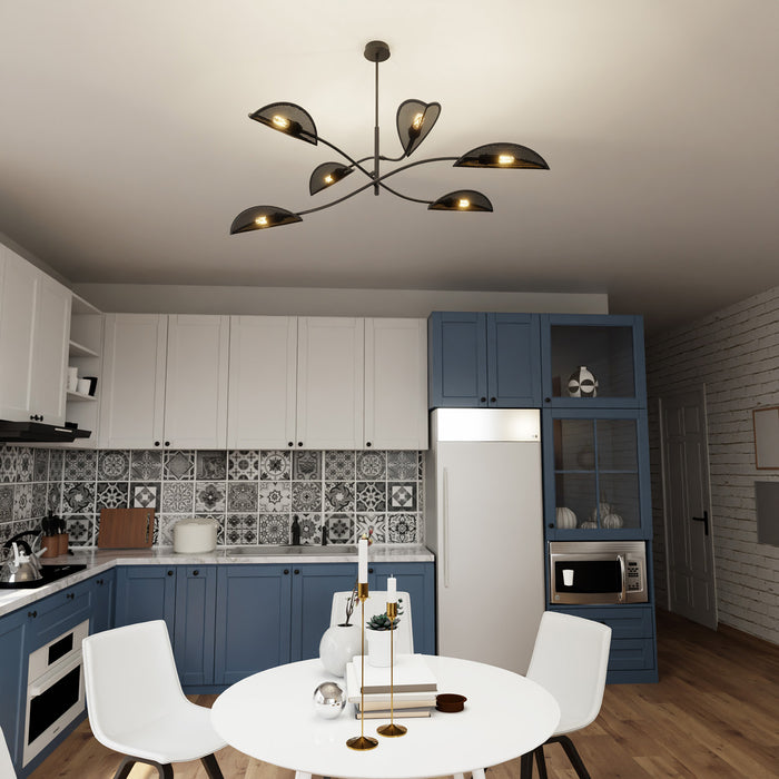 Sospensione Nordica 6 Luci Ares In Acciaio Nero Oro Bracci Regolabili