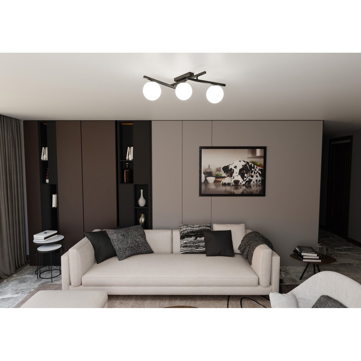 Plafoniera Moderna 3 Luci Teti In Acciaio Nero Bracci Regolabili E Vetro Opale