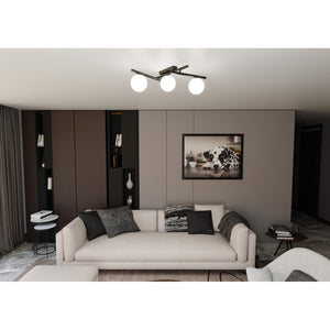 Plafoniera Moderna 3 Luci Teti In Acciaio Nero Bracci Regolabili E Vetro Opale