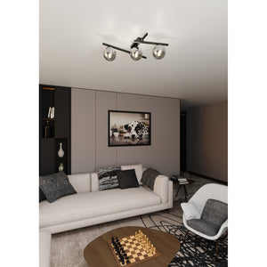 Plafoniera Moderna 3 Luci Teti In Acciaio Nero Bracci Regolabili E Vetro Fumè