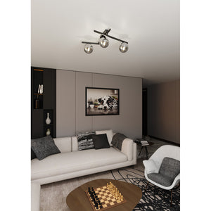 Plafoniera Moderna 3 Luci Teti In Acciaio Nero Bracci Regolabili E Vetro Fumè