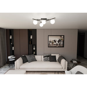 Plafoniera Moderna 4 Luci Teti In Acciaio Nero Bracci Regolabili E Vetro Opale