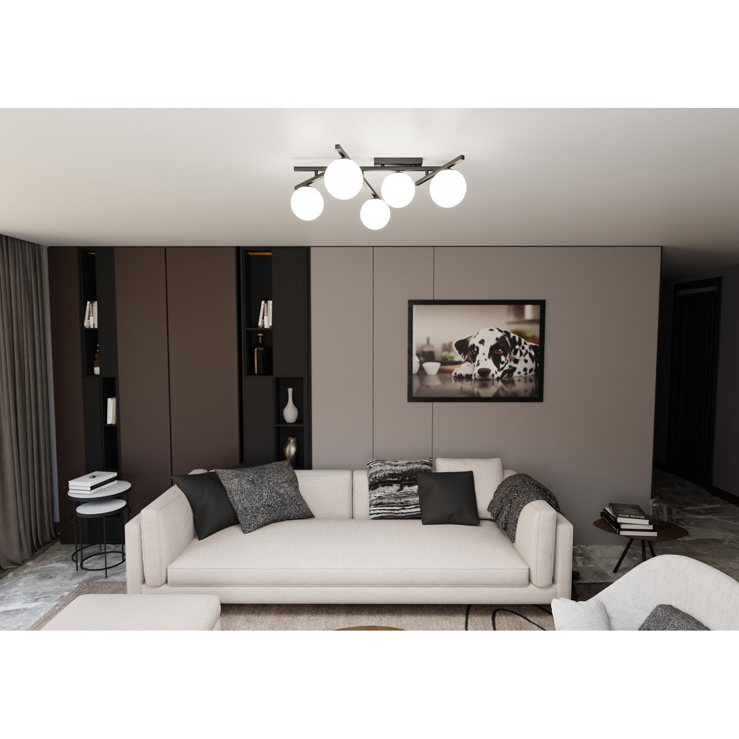 Plafoniera Moderna 5 Luci Teti In Acciaio Nero Bracci Regolabili E Vetro Opale