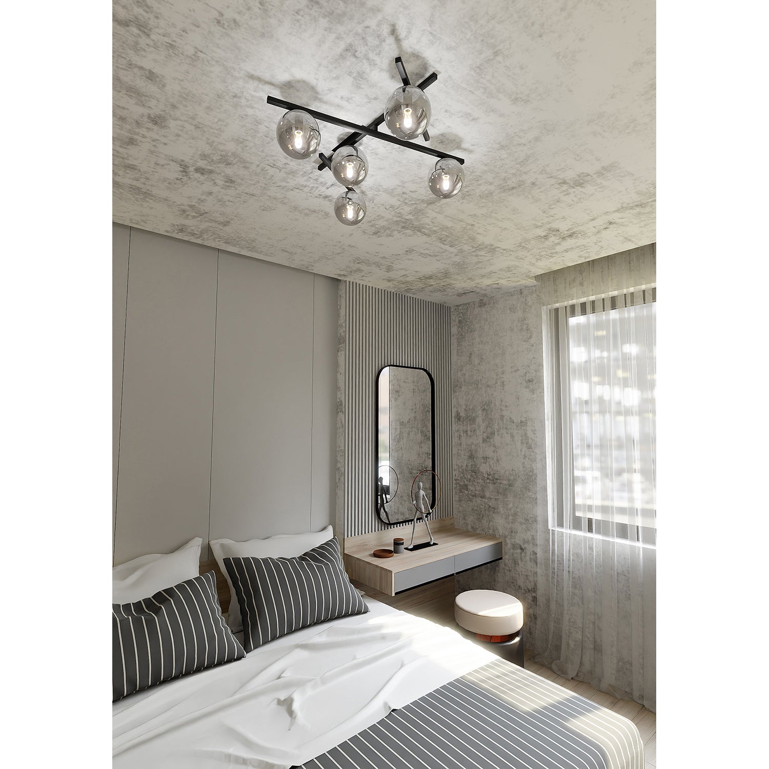 Plafoniera Moderna 5 Luci Teti In Acciaio Nero Bracci Regolabili E Vetro Fumè