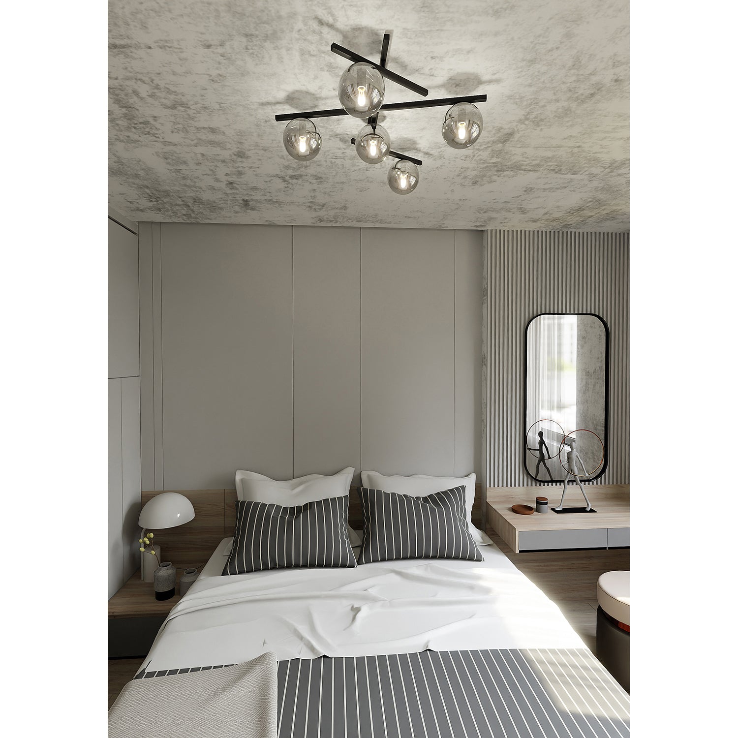 Plafoniera Moderna 5 Luci Teti In Acciaio Nero Bracci Regolabili E Vetro Fumè