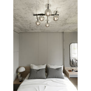 Plafoniera Moderna 5 Luci Teti In Acciaio Nero Bracci Regolabili E Vetro Fumè