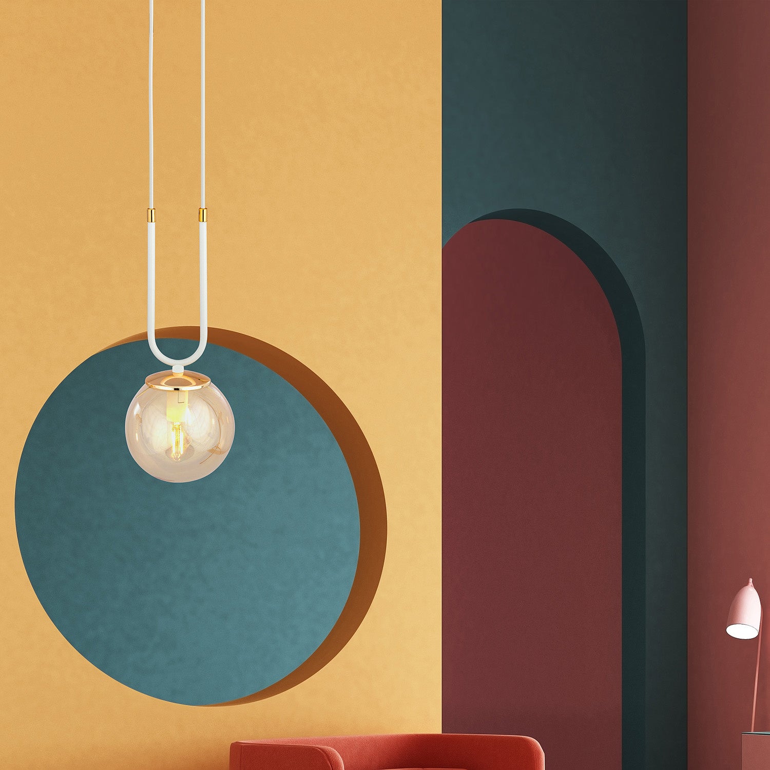 Sospensione Contemporanea 1 Luce Crio Acciaio Bianco Oro E Sfera Vetro Ambra