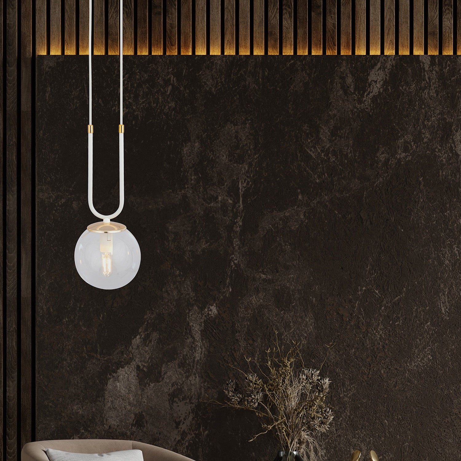 Sospensione 1 Luce Crio In Acciaio Bianco Oro E Sfera In Vetro Trasparente