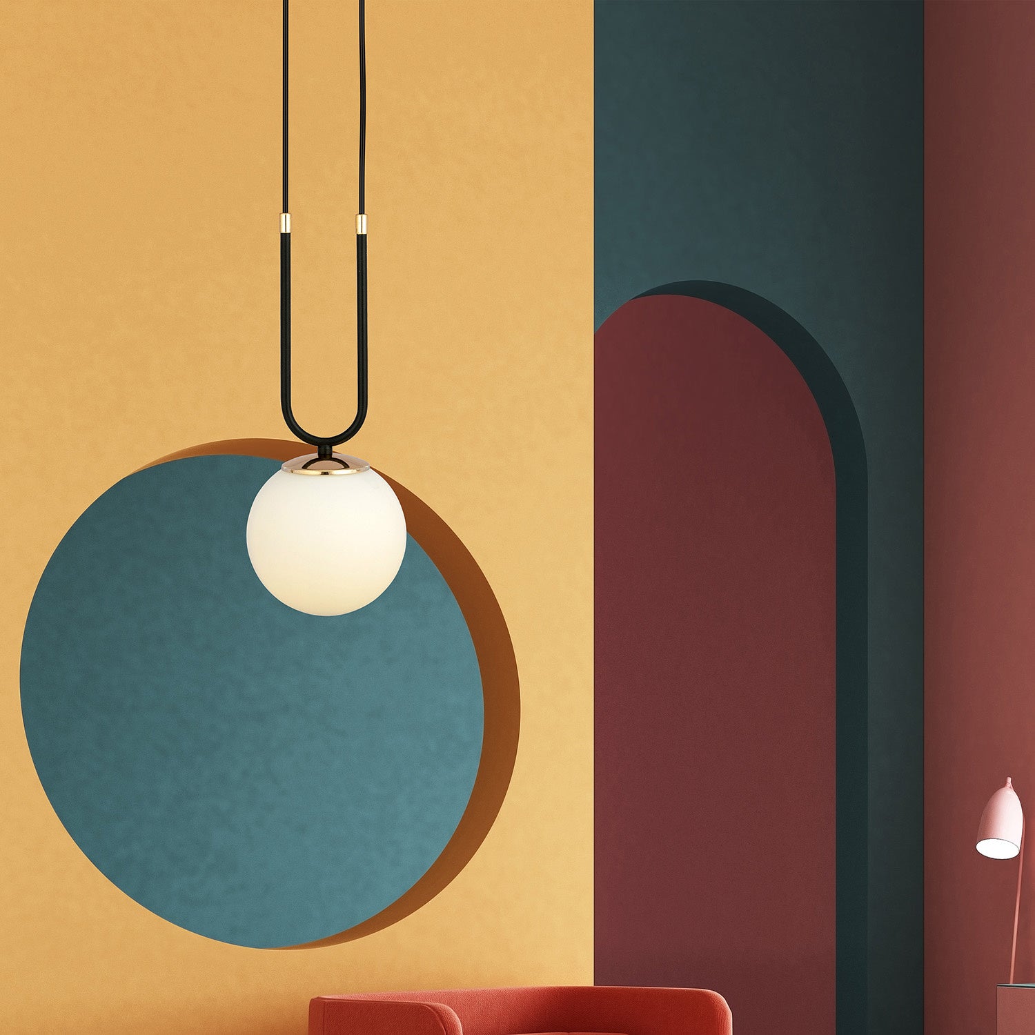 Sospensione Contemporanea 1 Luce Crio In Acciaio Nero Oro E Sfera Vetro Opalino