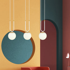 Sospensione Contemporanea 3 Luci Crio Acciaio Bianco Oro E Sfere Vetro Opalino