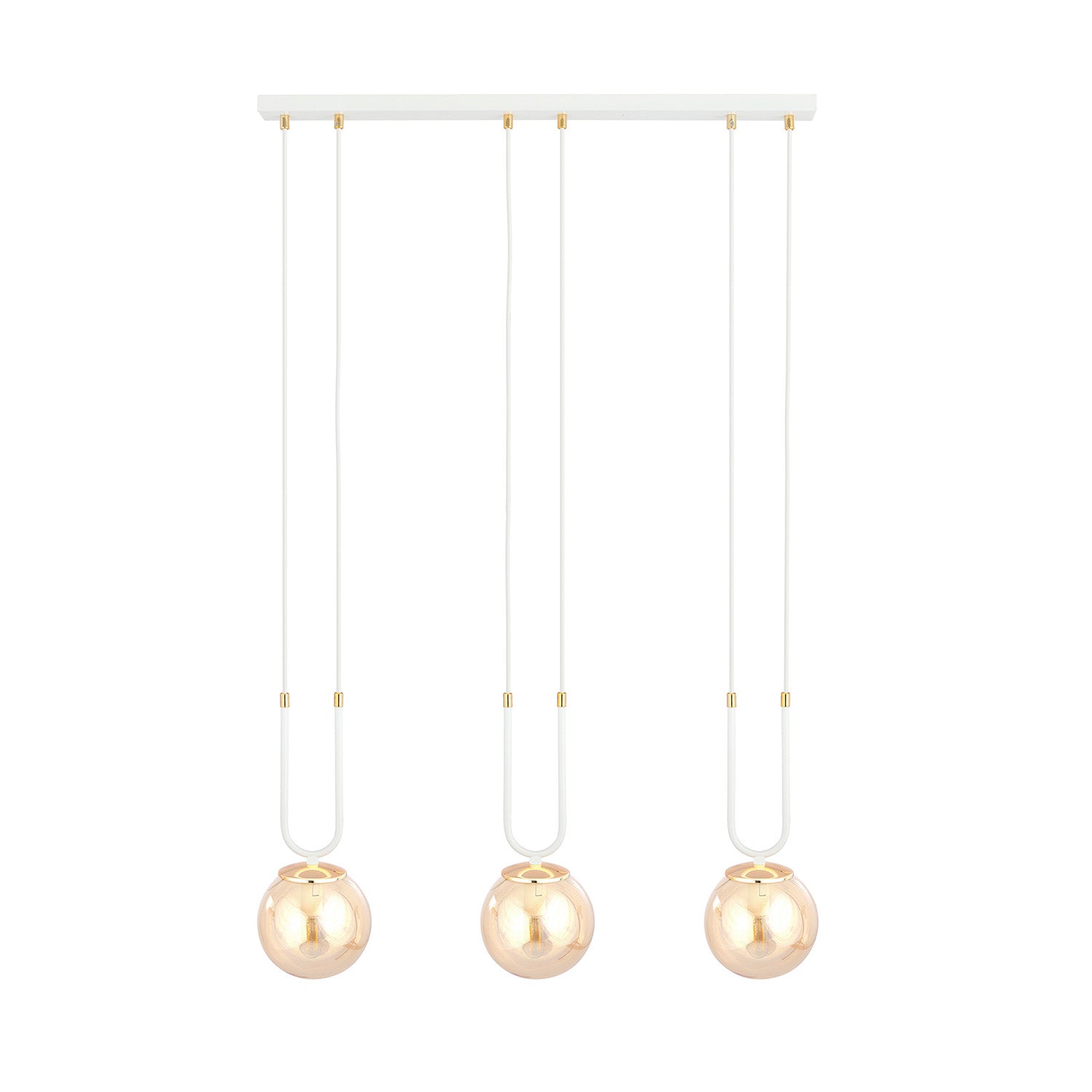 Sospensione Contemporanea 3 Luci Crio Acciaio Bianco Oro E Sfera Vetro Ambra