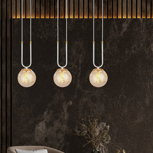 Sospensione Contemporanea 3 Luci Crio Acciaio Bianco Oro E Sfera Vetro Ambra