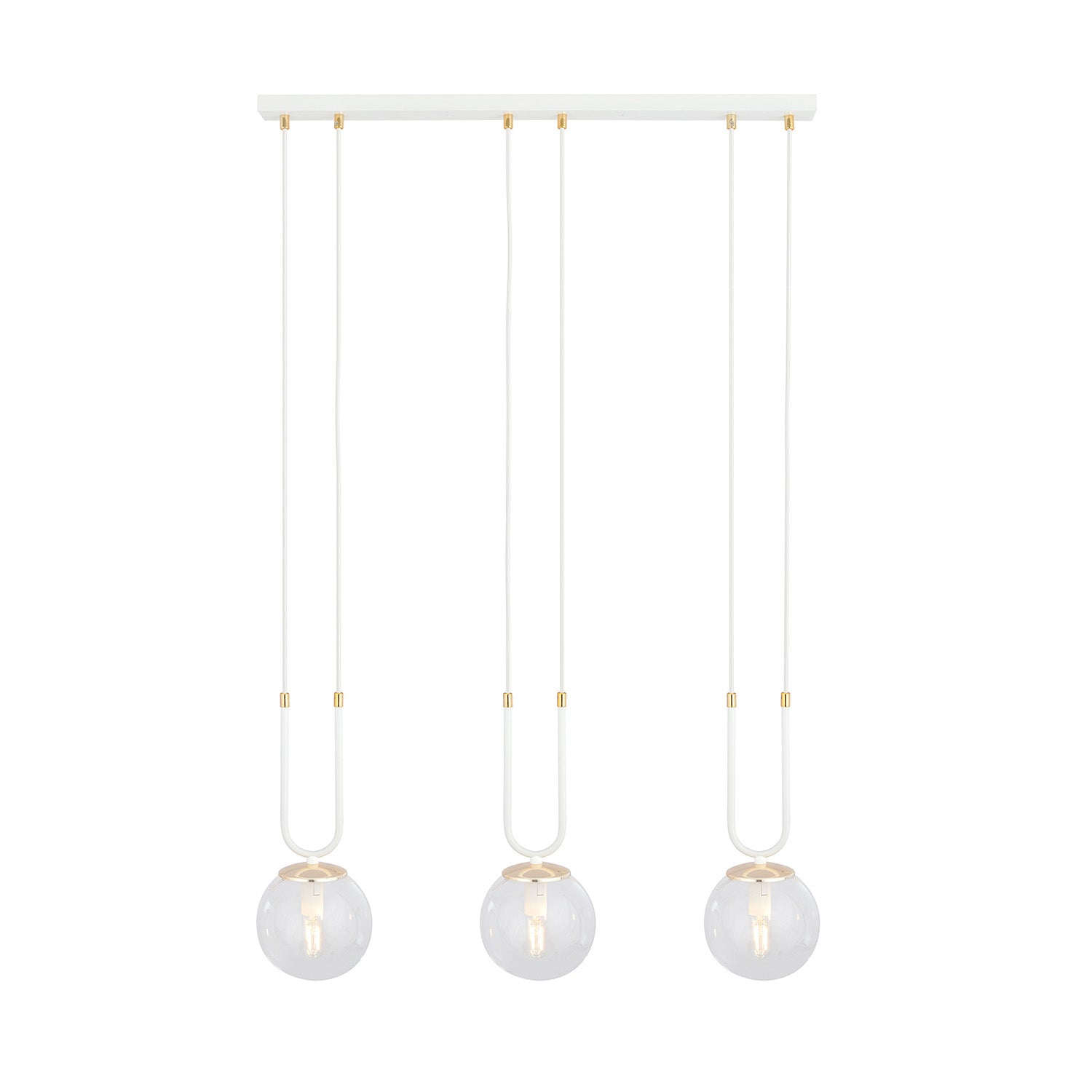 Sospensione 3 Luci Crio In Acciaio Bianco Oro E Sfera In Vetro Trasparente