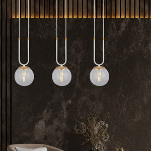 Sospensione 3 Luci Crio In Acciaio Bianco Oro E Sfera In Vetro Trasparente