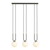 Sospensione Contemporanea 3 Luci Crio In Acciaio Nero Oro E Sfere Vetro Opalino