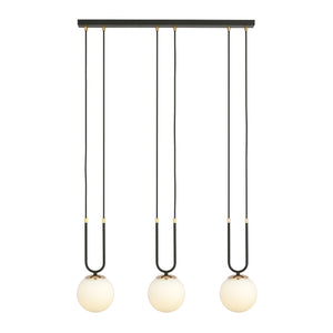 Sospensione Contemporanea 3 Luci Crio In Acciaio Nero Oro E Sfere Vetro Opalino