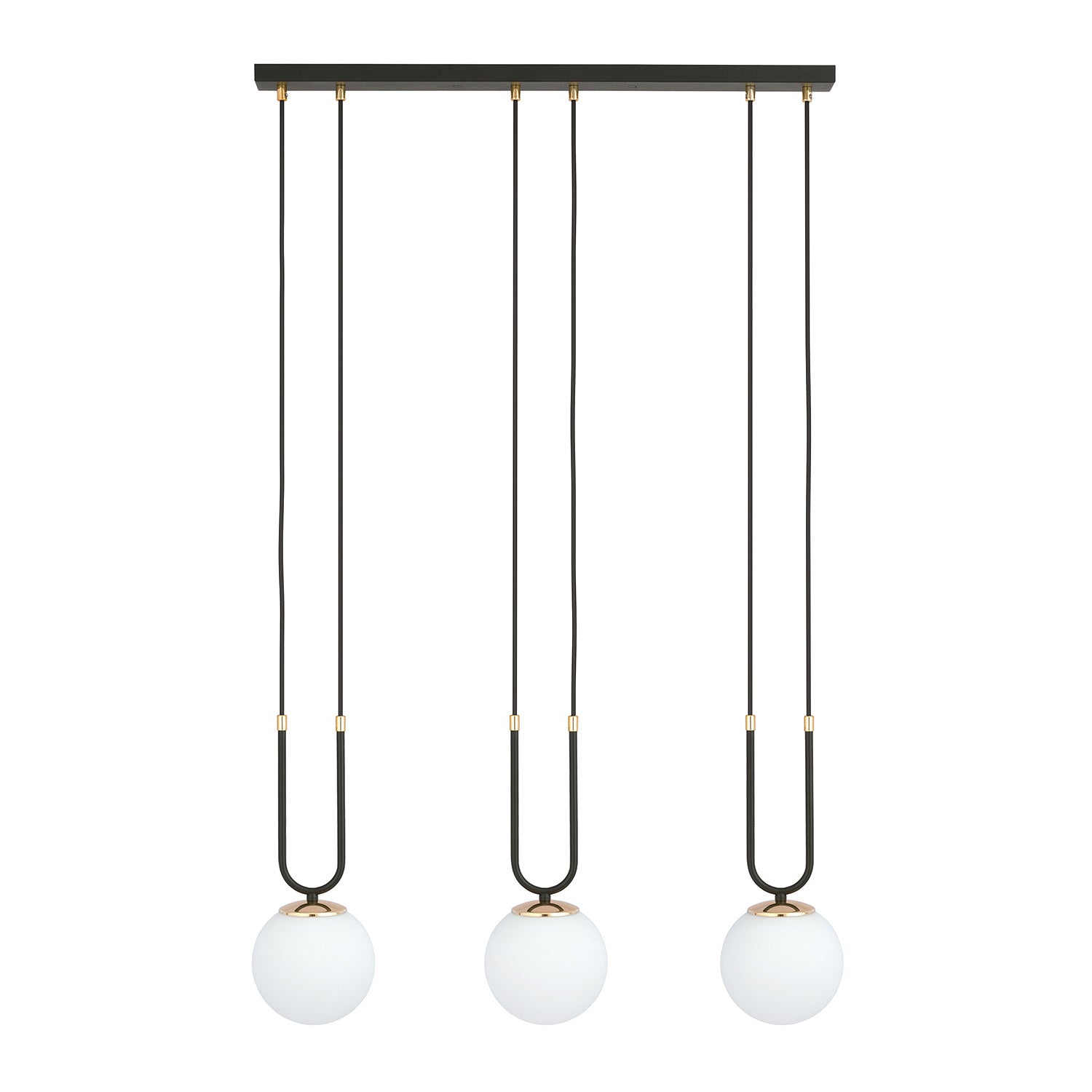 Sospensione Contemporanea 3 Luci Crio In Acciaio Nero Oro E Sfere Vetro Opalino