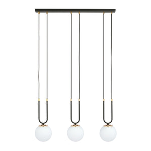 Sospensione Contemporanea 3 Luci Crio In Acciaio Nero Oro E Sfere Vetro Opalino
