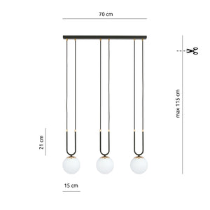 Sospensione Contemporanea 3 Luci Crio In Acciaio Nero Oro E Sfere Vetro Opalino