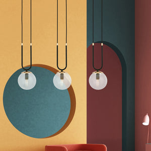 Sospensione Contemporanea 3 Luci Crio Acciaio Nero Oro E Sfera Vetro Trasparente