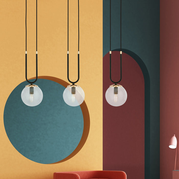 Sospensione Contemporanea 3 Luci Crio Acciaio Nero Oro E Sfera Vetro Trasparente