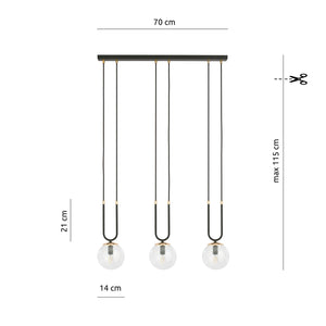 Sospensione Contemporanea 3 Luci Crio Acciaio Nero Oro E Sfera Vetro Trasparente