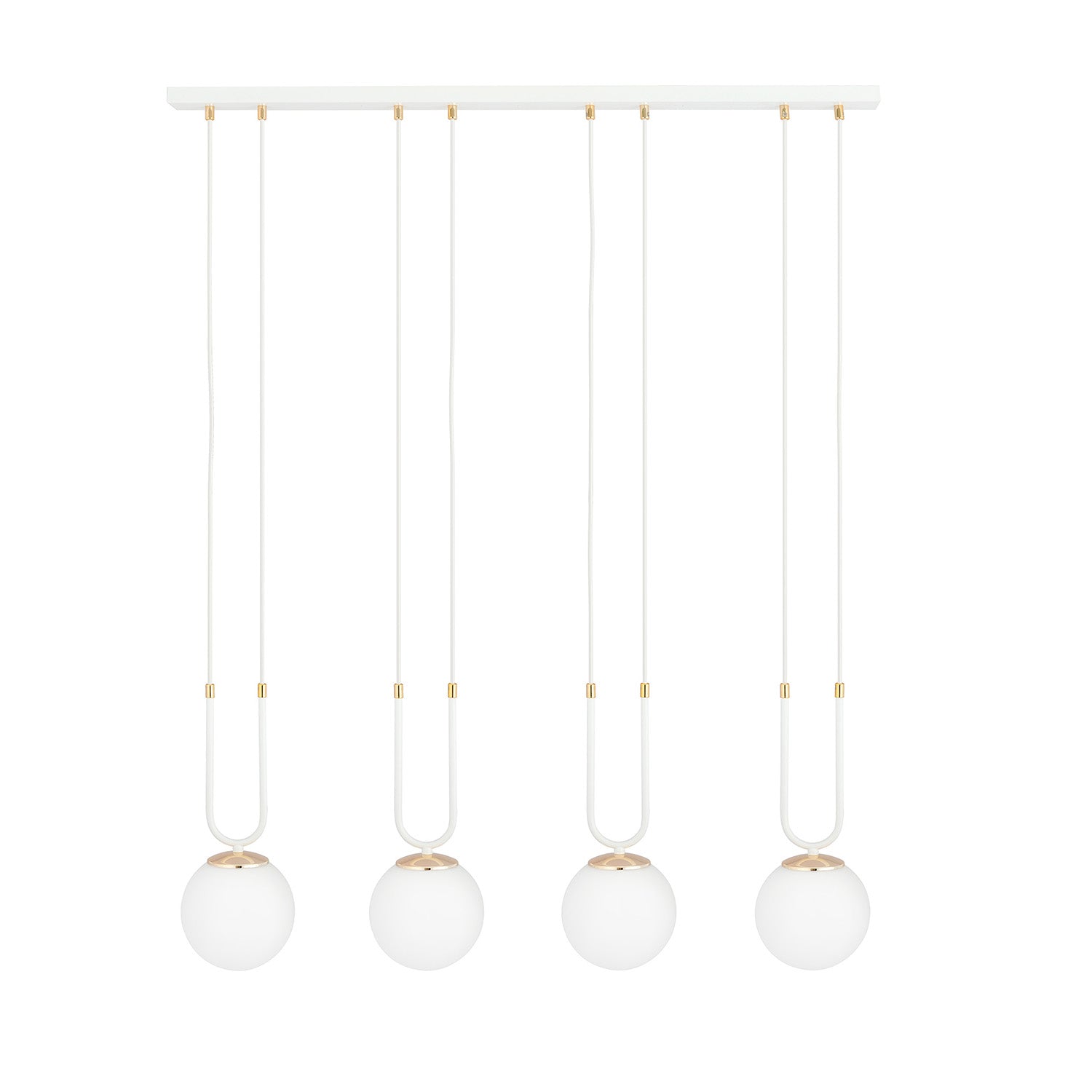 Sospensione Contemporanea 4 Luci Crio Acciaio Bianco Oro E Sfere Vetro Opalino