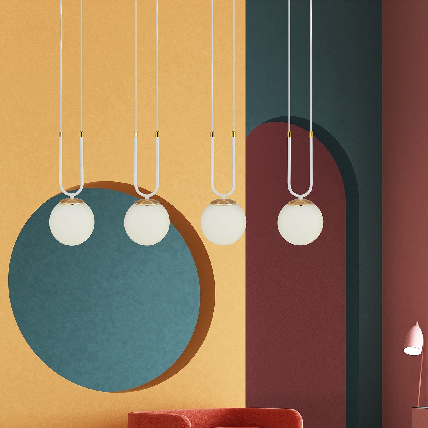 Sospensione Contemporanea 4 Luci Crio Acciaio Bianco Oro E Sfere Vetro Opalino