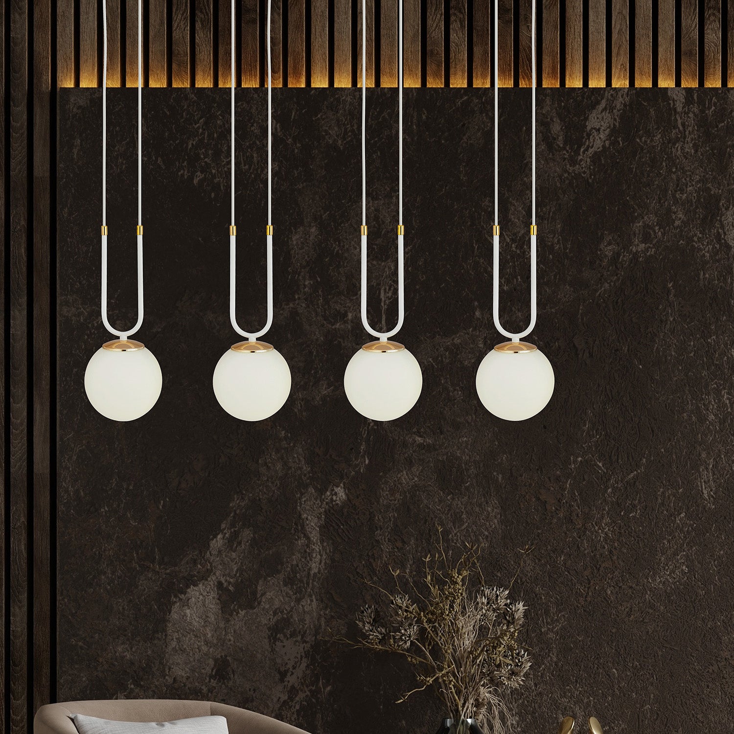 Sospensione Contemporanea 4 Luci Crio Acciaio Bianco Oro E Sfere Vetro Opalino