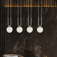 Sospensione Contemporanea 4 Luci Crio Acciaio Bianco Oro E Sfere Vetro Opalino