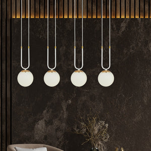 Sospensione Contemporanea 4 Luci Crio Acciaio Bianco Oro E Sfere Vetro Opalino