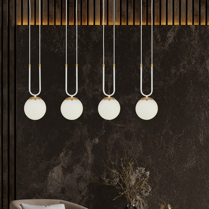 Sospensione Contemporanea 4 Luci Crio Acciaio Bianco Oro E Sfere Vetro Opalino