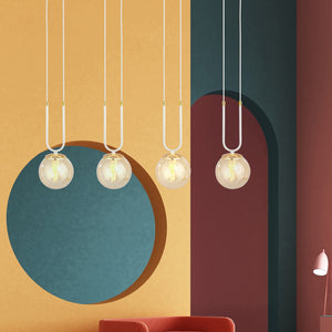 Sospensione Contemporanea 4 Luci Crio Acciaio Bianco Oro E Sfera Vetro Ambra