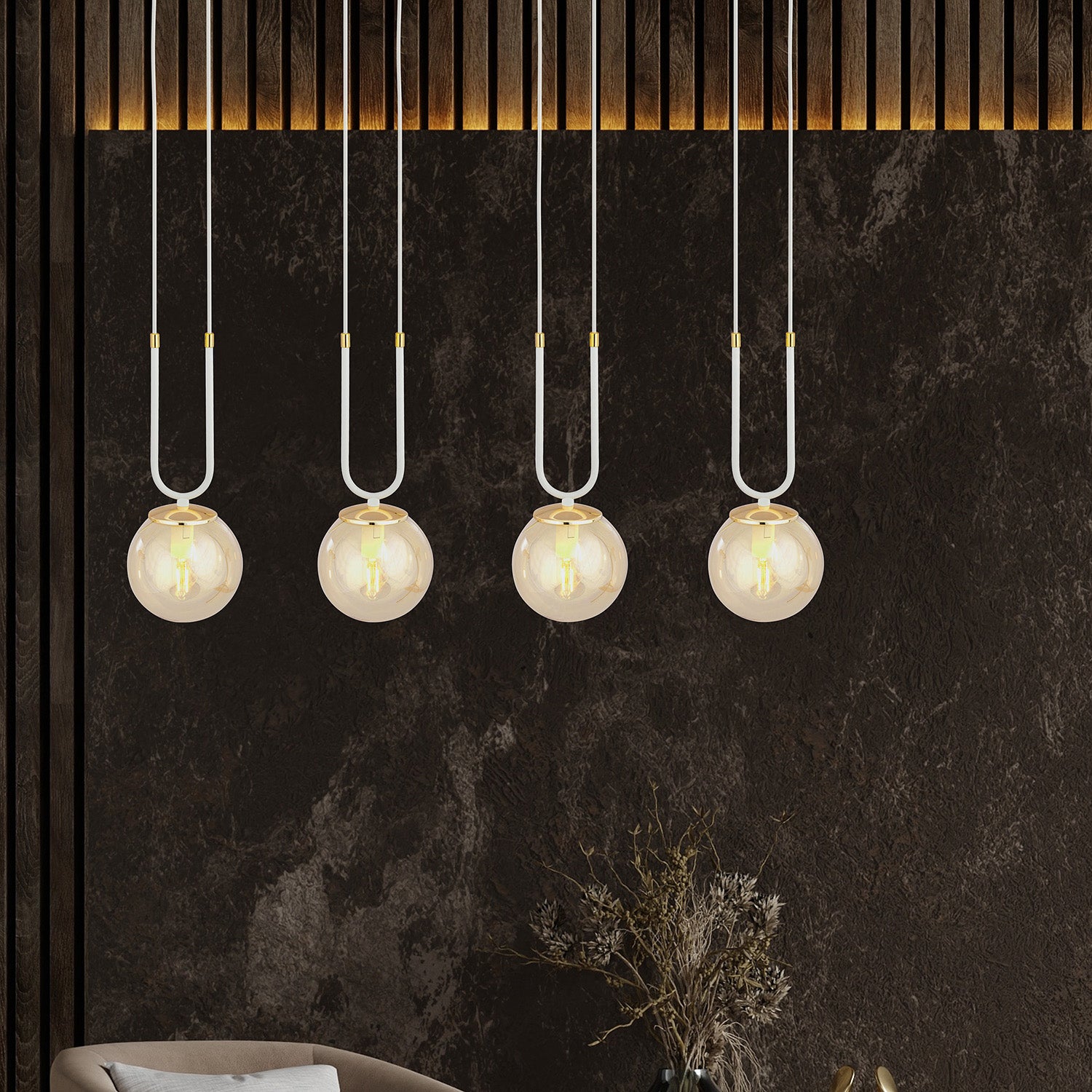 Sospensione Contemporanea 4 Luci Crio Acciaio Bianco Oro E Sfera Vetro Ambra