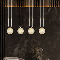 Sospensione Contemporanea 4 Luci Crio Acciaio Bianco Oro E Sfera Vetro Ambra