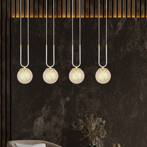 Sospensione Contemporanea 4 Luci Crio Acciaio Bianco Oro E Sfera Vetro Ambra